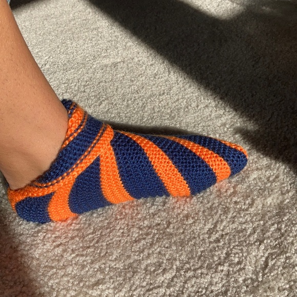 handmade navy blue and orange socks / slippers - Picture 2 of 5